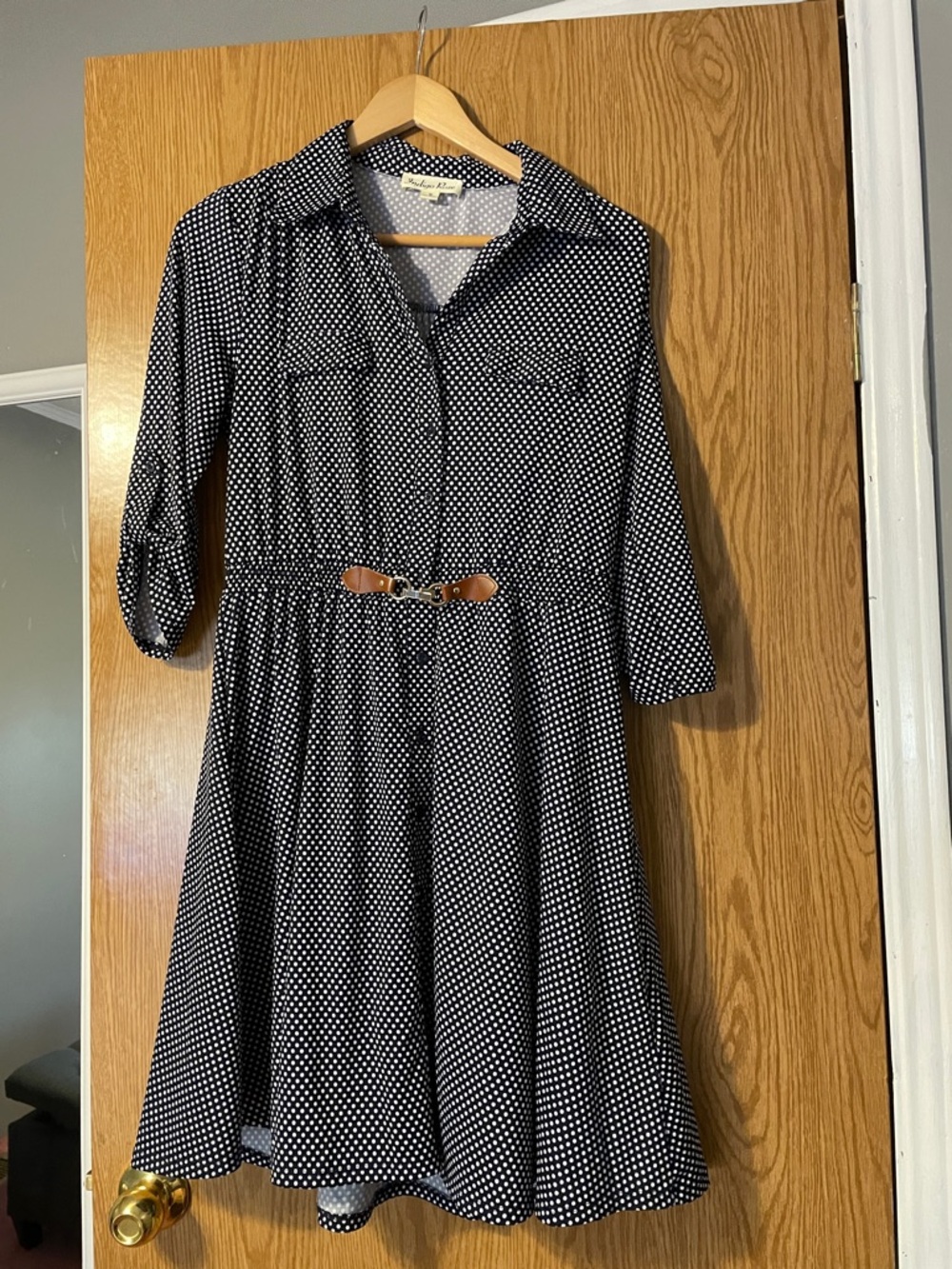 Polka Dot Shirt Dress with Belt - Navy/White